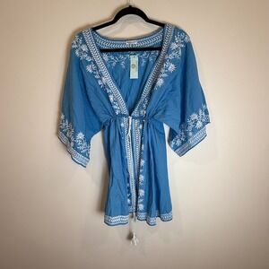 Debbie Katz South Beach Embroidered Tunic Dress Cover Up Royal Blue White Sz S